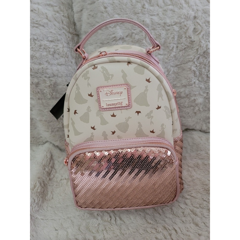 LOUNGEFLY DISNEY PRINCESS PINK SEGUINS MINI BACKPACK GOLD‎ CROWN  SILHOUETTES